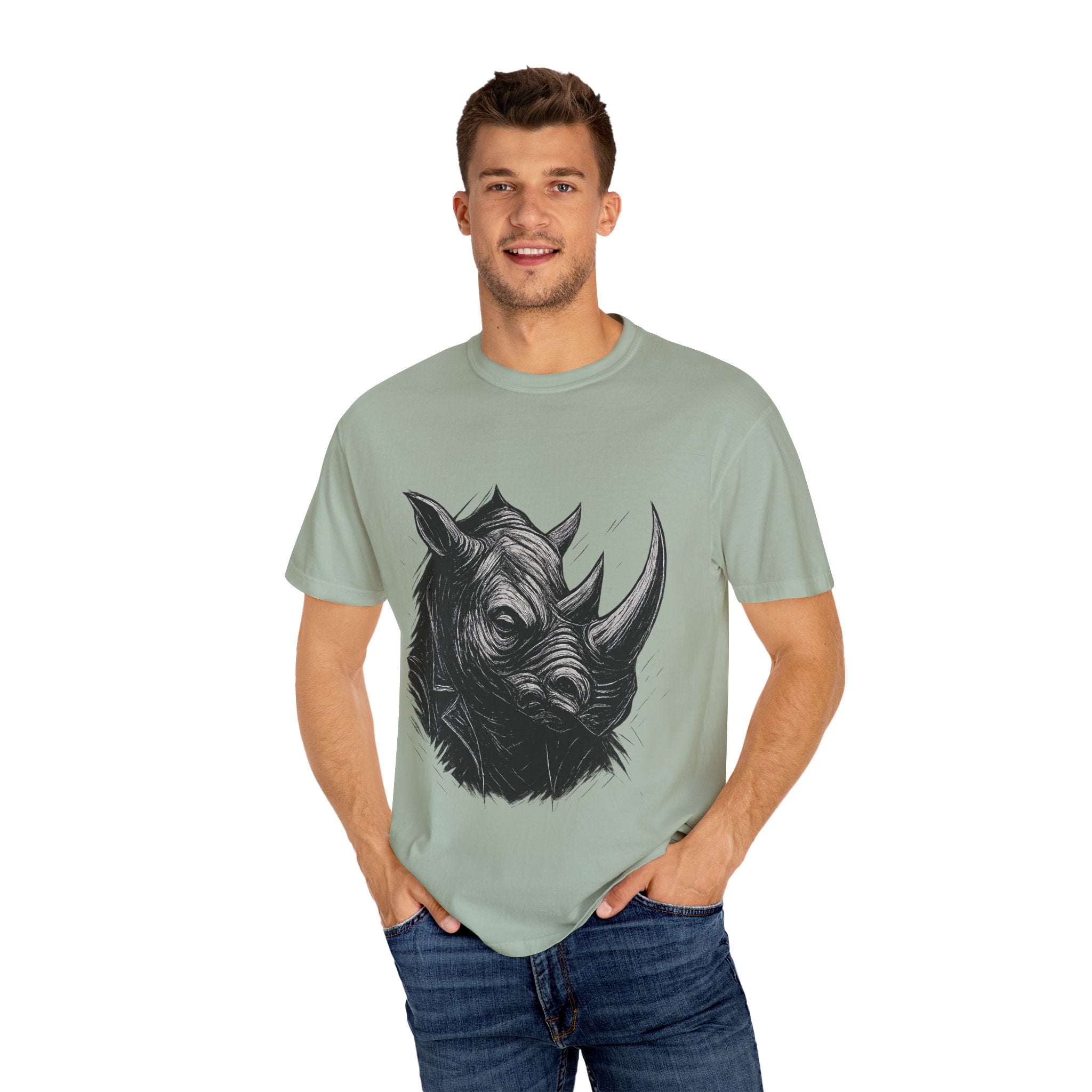 Grunge Rhino T-shirt, Punk Rhino Tee, Rhino Linocut Shirt, Rebel Rhinoceros Top, Edgy Animal Graphic Tee
