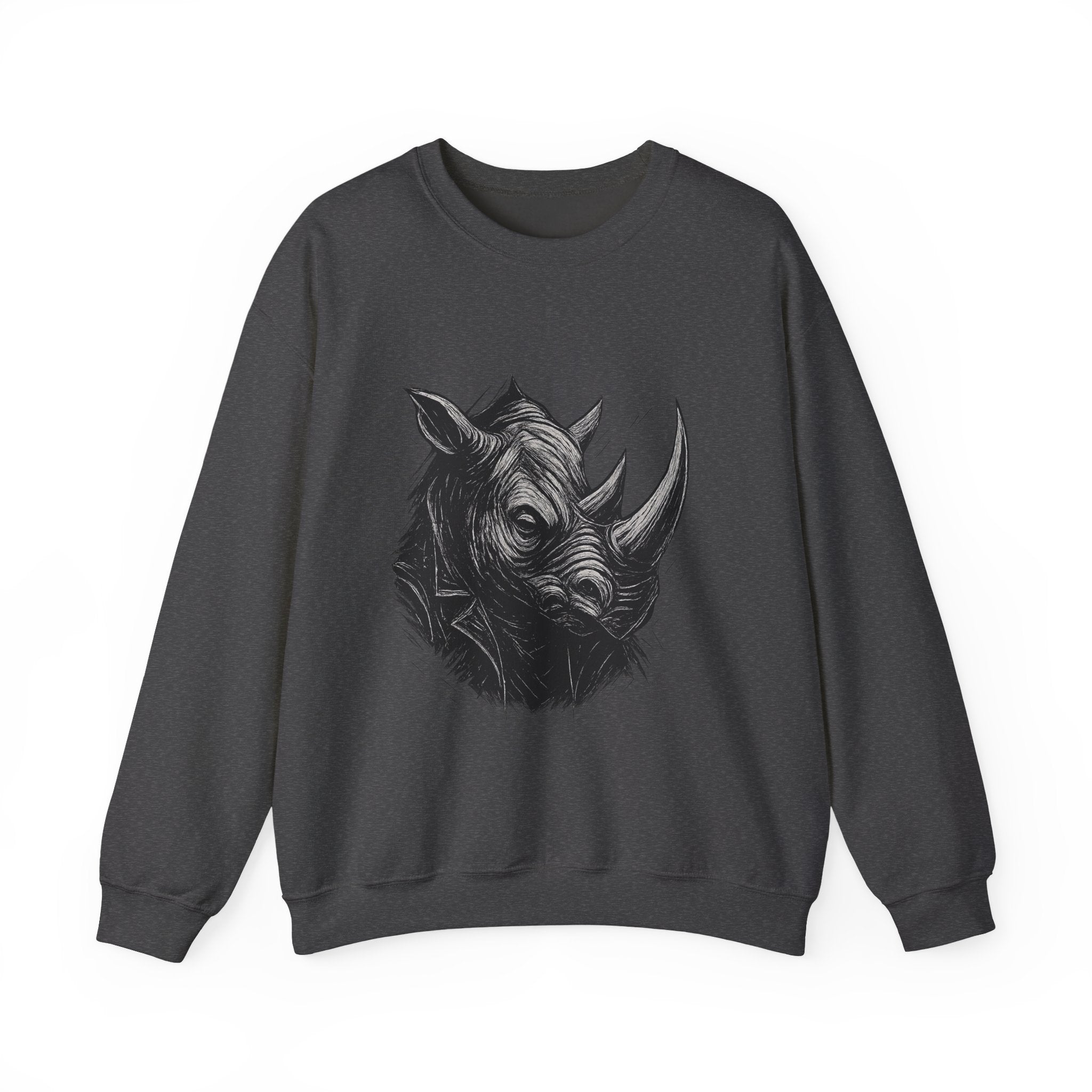 Grunge Rhino Crewneck Sweatshirt, Punk Style Black and White Rhino Design, Distressed Illustration, Rebel Animal Graphic Sweatshirt, Linocut