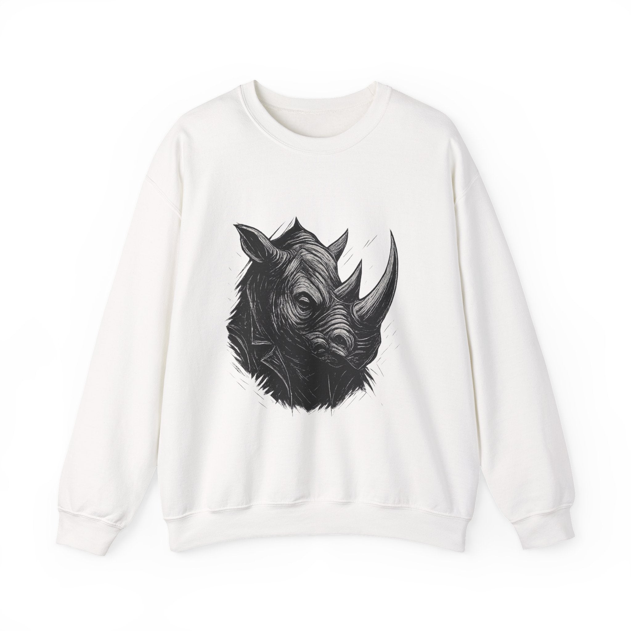 Grunge Rhino Crewneck Sweatshirt, Punk Style Black and White Rhino Design, Distressed Illustration, Rebel Animal Graphic Sweatshirt, Linocut