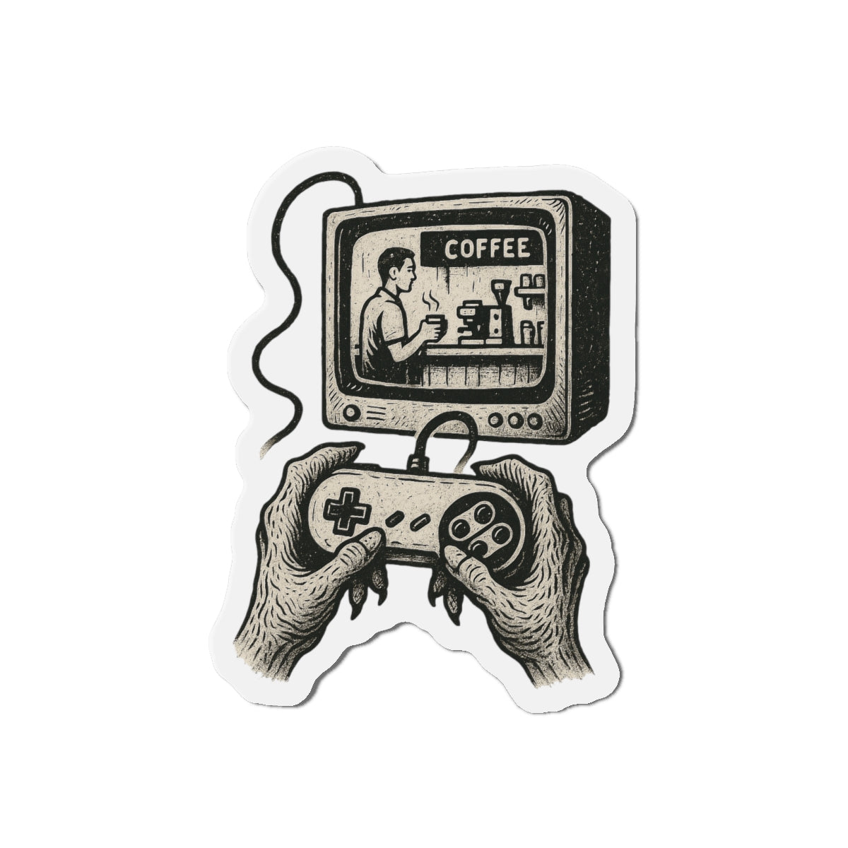 Die-Cut Magnet - Retro Video Game Coffee Scene, Grunge-Punk Alien Hands, Linocut Style, Witty, Handmade, Ironic, Unique Kitchen Decor,