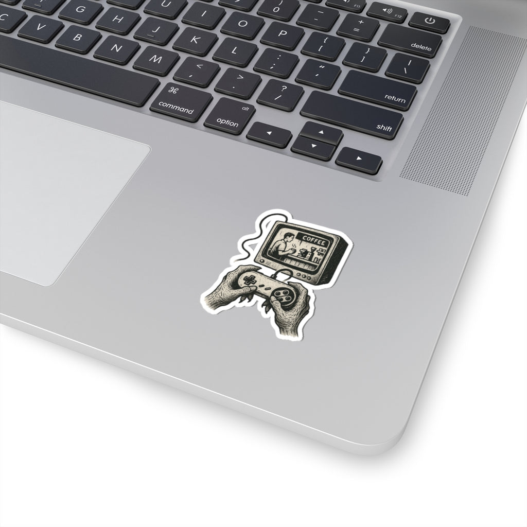 Grunge-Punk Alien Coffee Scene Kiss-Cut Stickers, Retro Gamer Decal, Alternative Art Print Aesthetic, Unique Vinyl Decal, Laptop Sticker