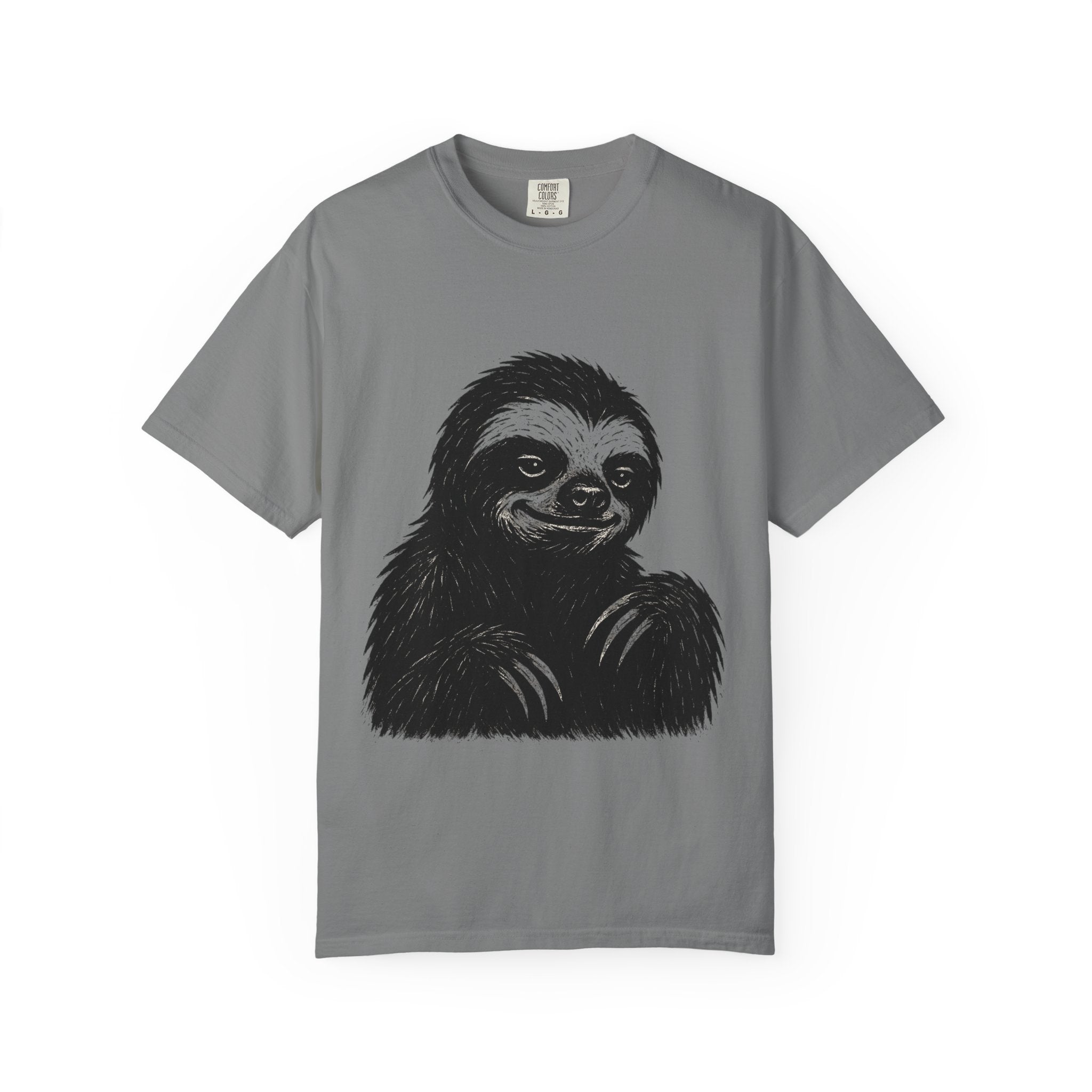 Sloth Linocut T-shirt, Grunge Style Tee, Rebel Sloth Graphic Shirt, Distressed Off-White Top, Bold Black Print, Handmade Illustration,