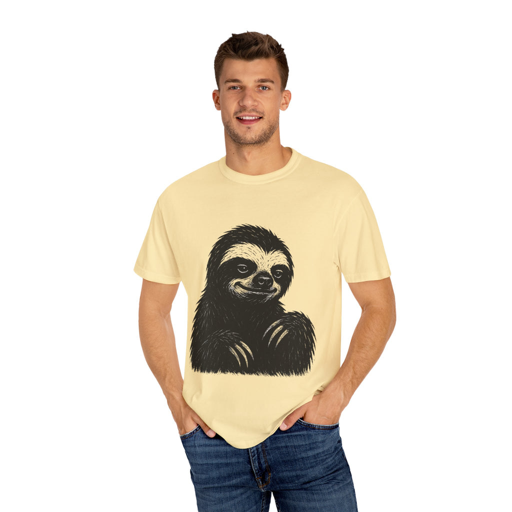 Sloth Linocut T-shirt, Grunge Style Tee, Rebel Sloth Graphic Shirt, Distressed Off-White Top, Bold Black Print, Handmade Illustration,