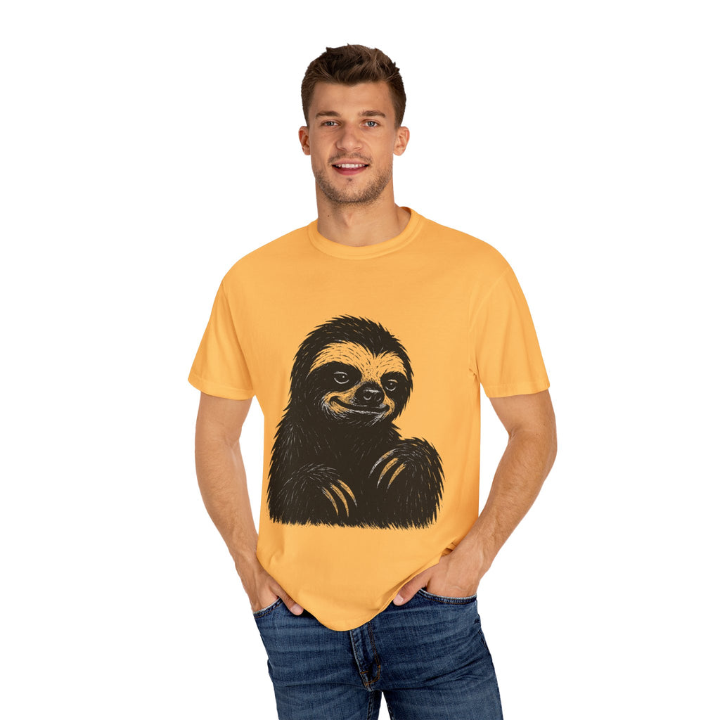 Sloth Linocut T-shirt, Grunge Style Tee, Rebel Sloth Graphic Shirt, Distressed Off-White Top, Bold Black Print, Handmade Illustration,