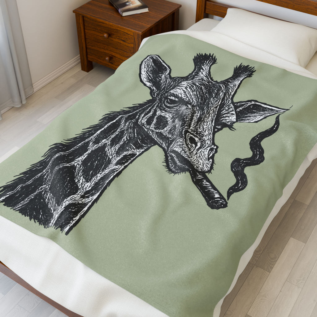 Giraffe Plush Blanket, Cozy Giraffe Throw, Funny Animal Decor, Cute Giraffe Gift, Animal Lovers Blanket - Black and White Linocut