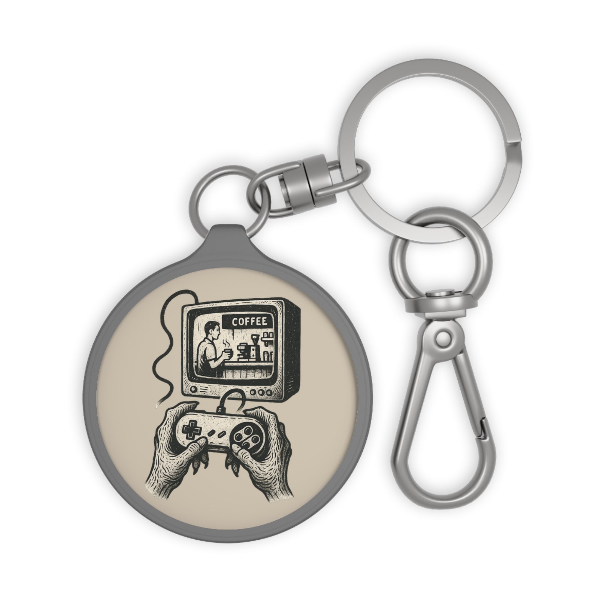 Grunge Keyring Tag with Alien Hands and Coffee Scene, Retro Video Game Controller, Handmade, Ironic, Witty, Linocut Style, Art-Print Energy