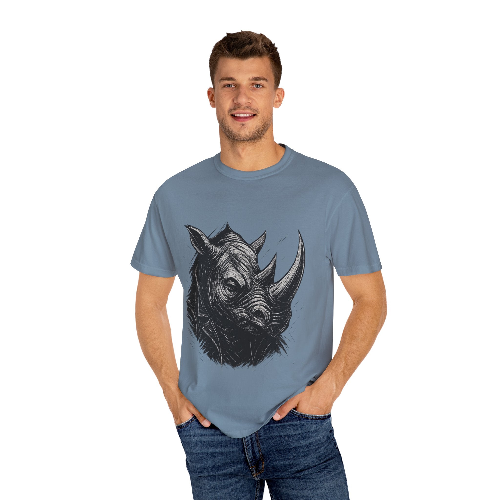 Grunge Rhino T-shirt, Punk Rhino Tee, Rhino Linocut Shirt, Rebel Rhinoceros Top, Edgy Animal Graphic Tee