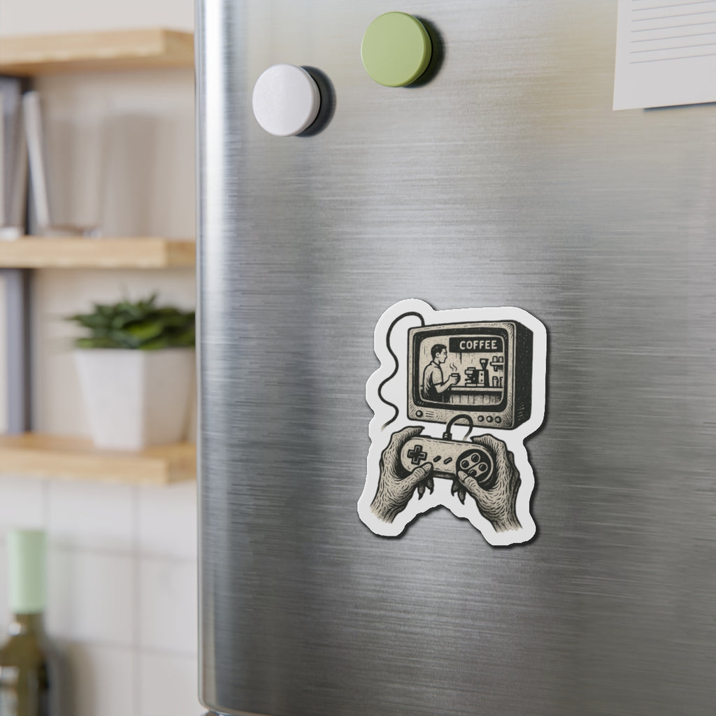 Die-Cut Magnet - Retro Video Game Coffee Scene, Grunge-Punk Alien Hands, Linocut Style, Witty, Handmade, Ironic, Unique Kitchen Decor,