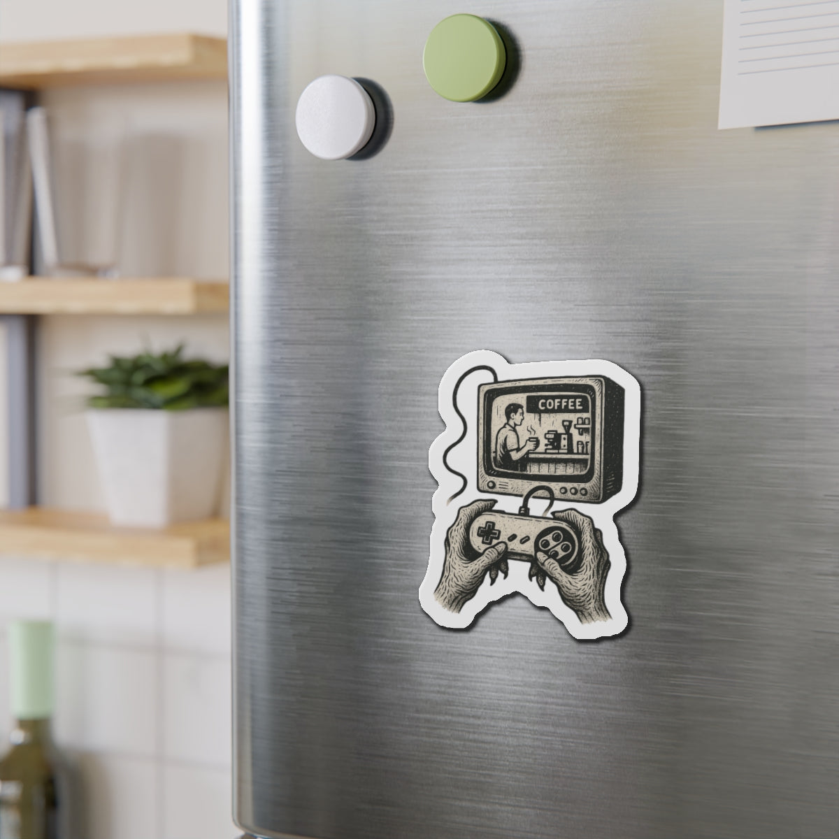 Die-Cut Magnet - Retro Video Game Coffee Scene, Grunge-Punk Alien Hands, Linocut Style, Witty, Handmade, Ironic, Unique Kitchen Decor,