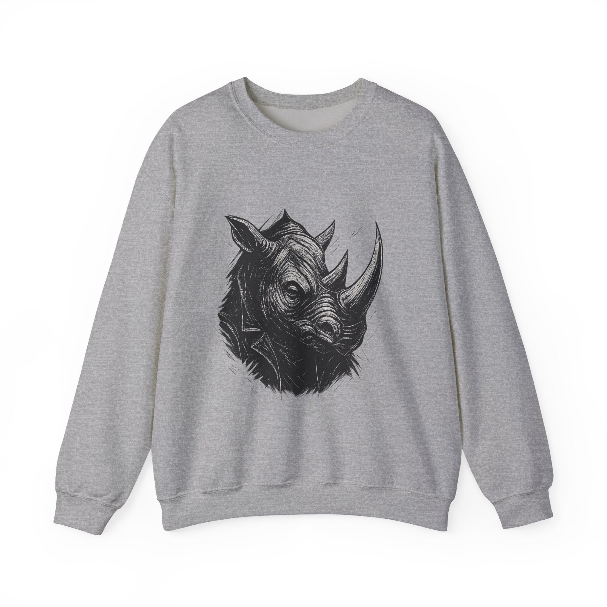 Grunge Rhino Crewneck Sweatshirt, Punk Style Black and White Rhino Design, Distressed Illustration, Rebel Animal Graphic Sweatshirt, Linocut