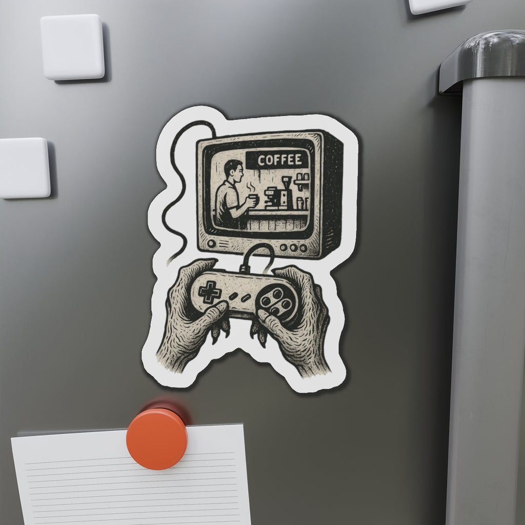 Die-Cut Magnet - Retro Video Game Coffee Scene, Grunge-Punk Alien Hands, Linocut Style, Witty, Handmade, Ironic, Unique Kitchen Decor,