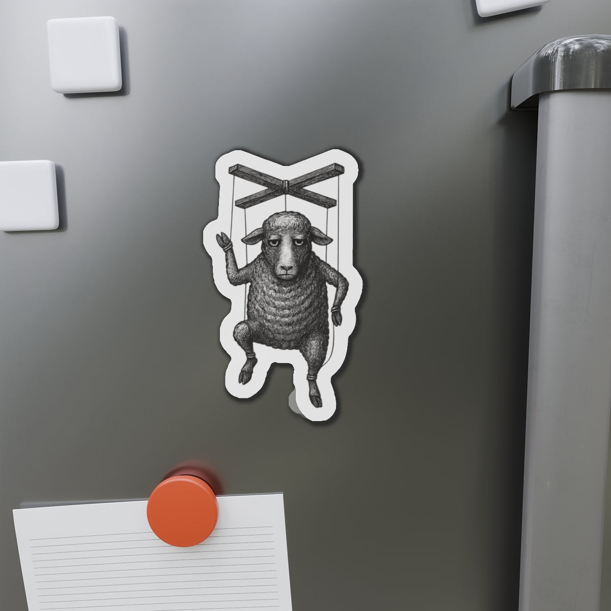 Die-Cut Magnets - Handmade Linocut Puppet Symbolizing Quiet Defiance, Raw Ink Texture, Uneven Shadows, Magnet Set for Fridge Art, Unique