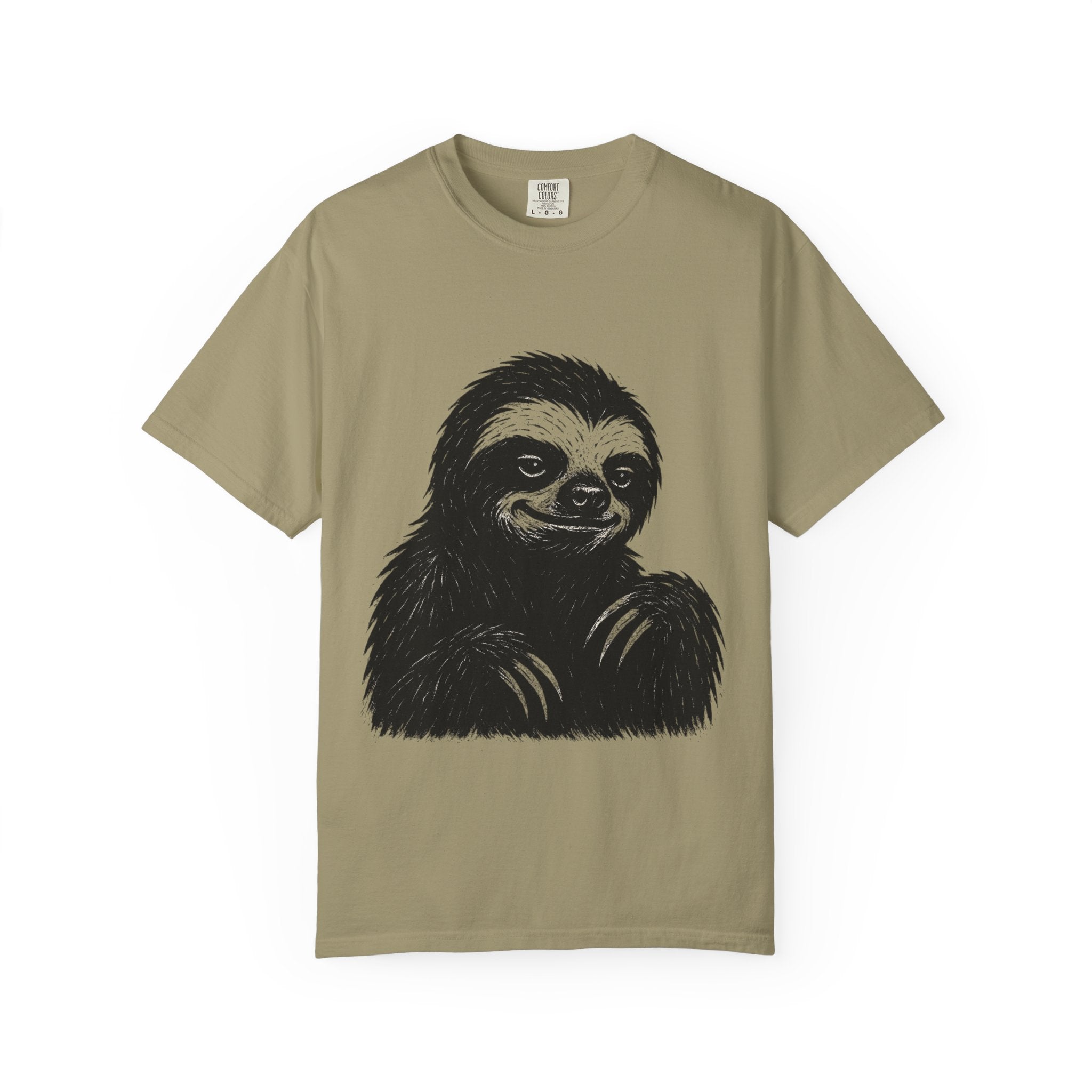 Sloth Linocut T-shirt, Grunge Style Tee, Rebel Sloth Graphic Shirt, Distressed Off-White Top, Bold Black Print, Handmade Illustration,