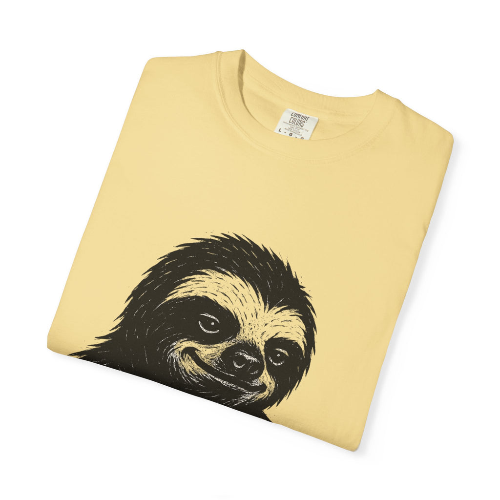 Sloth Linocut T-shirt, Grunge Style Tee, Rebel Sloth Graphic Shirt, Distressed Off-White Top, Bold Black Print, Handmade Illustration,