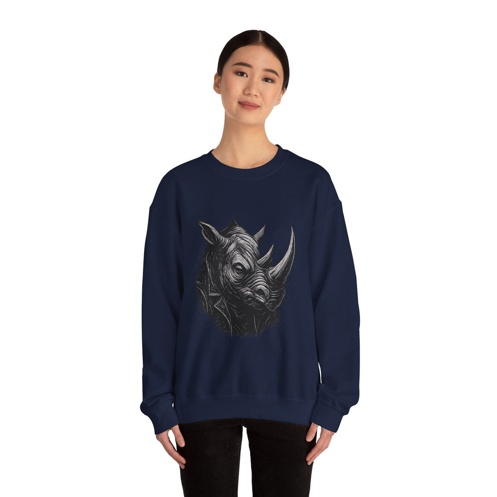 Grunge Rhino Crewneck Sweatshirt, Punk Style Black and White Rhino Design, Distressed Illustration, Rebel Animal Graphic Sweatshirt, Linocut