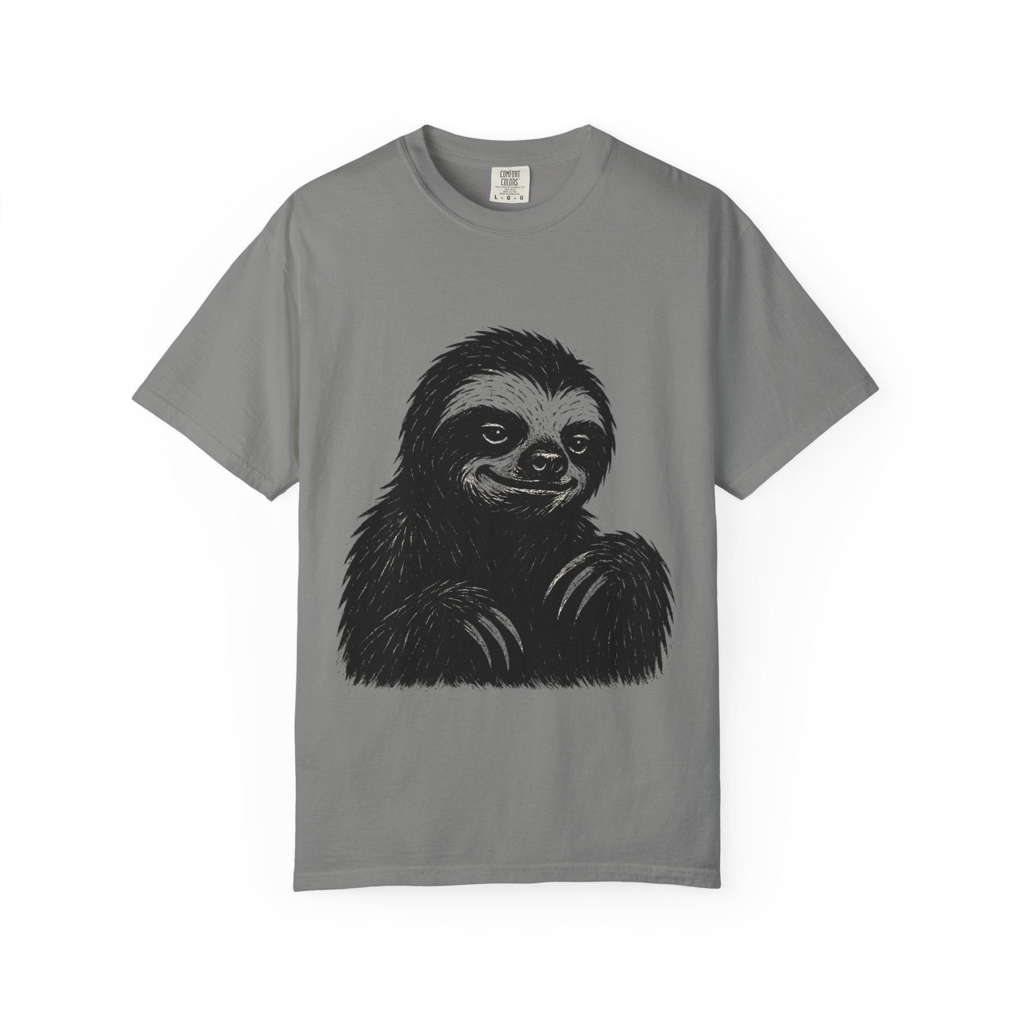 Sloth Linocut T-shirt, Grunge Style Tee, Rebel Sloth Graphic Shirt, Distressed Off-White Top, Bold Black Print, Handmade Illustration,