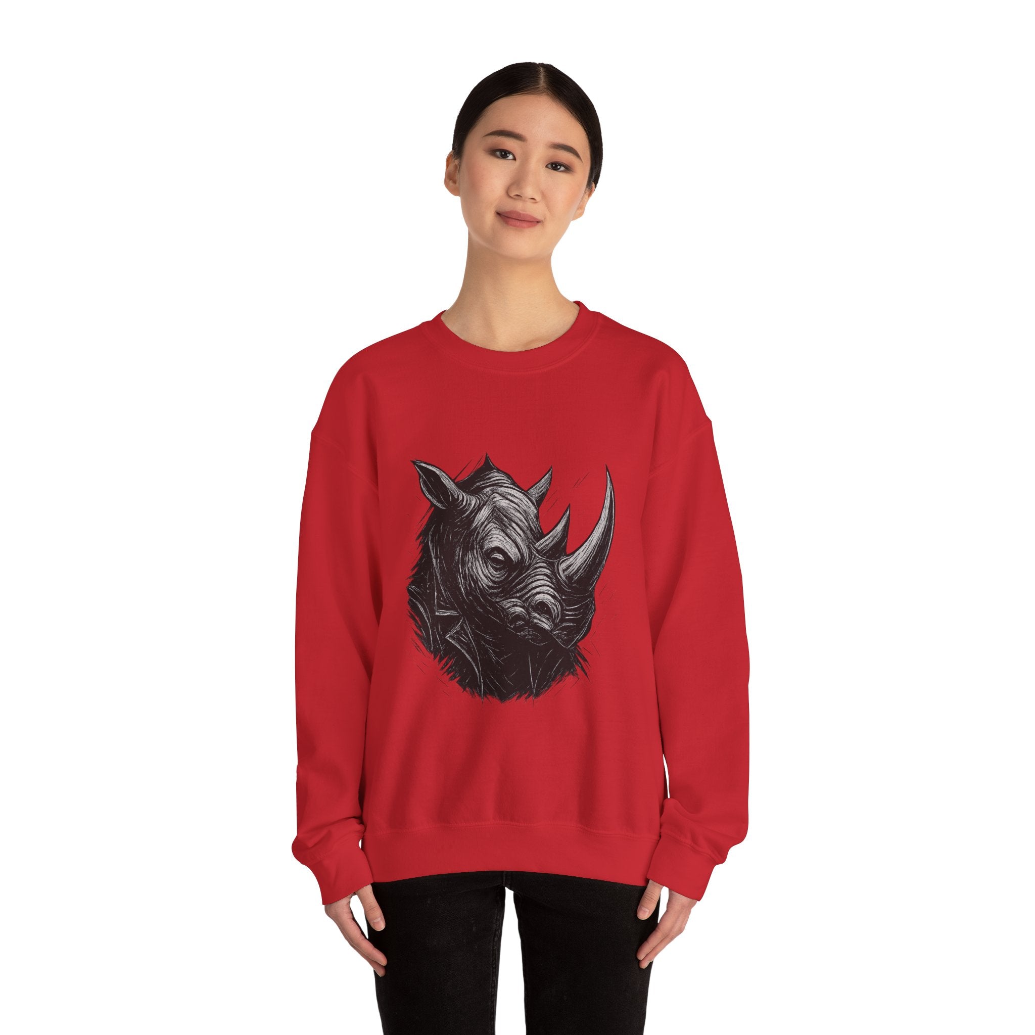 Grunge Rhino Crewneck Sweatshirt, Punk Style Black and White Rhino Design, Distressed Illustration, Rebel Animal Graphic Sweatshirt, Linocut