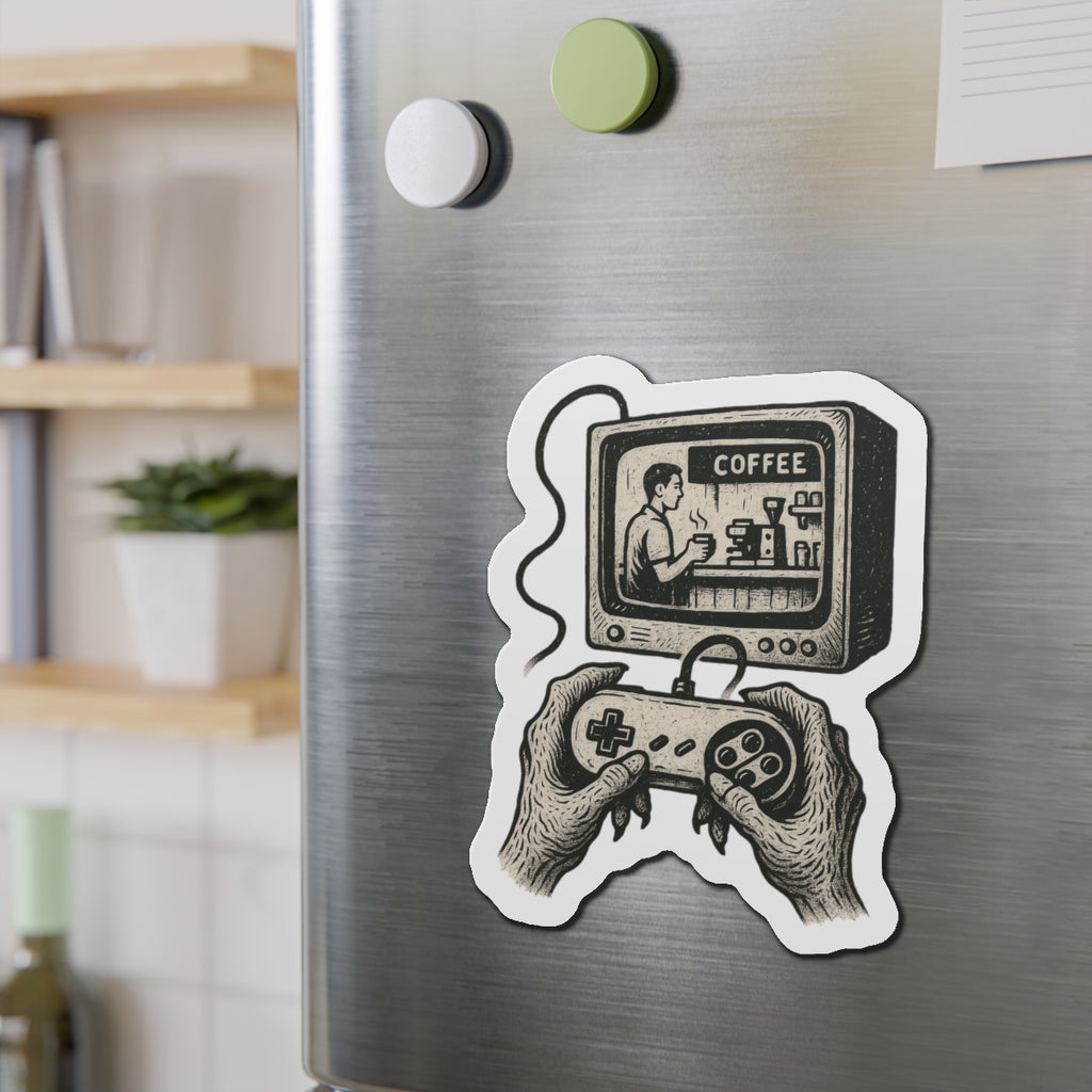 Die-Cut Magnet - Retro Video Game Coffee Scene, Grunge-Punk Alien Hands, Linocut Style, Witty, Handmade, Ironic, Unique Kitchen Decor,
