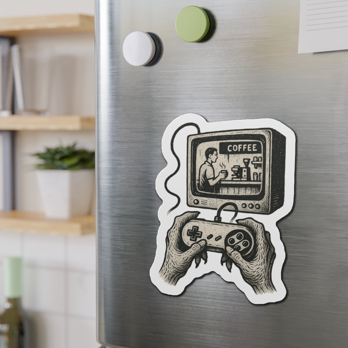 Die-Cut Magnet - Retro Video Game Coffee Scene, Grunge-Punk Alien Hands, Linocut Style, Witty, Handmade, Ironic, Unique Kitchen Decor,