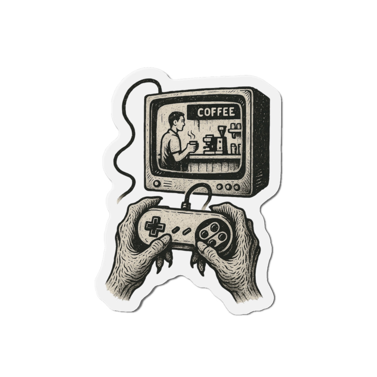 Die-Cut Magnet - Retro Video Game Coffee Scene, Grunge-Punk Alien Hands, Linocut Style, Witty, Handmade, Ironic, Unique Kitchen Decor,