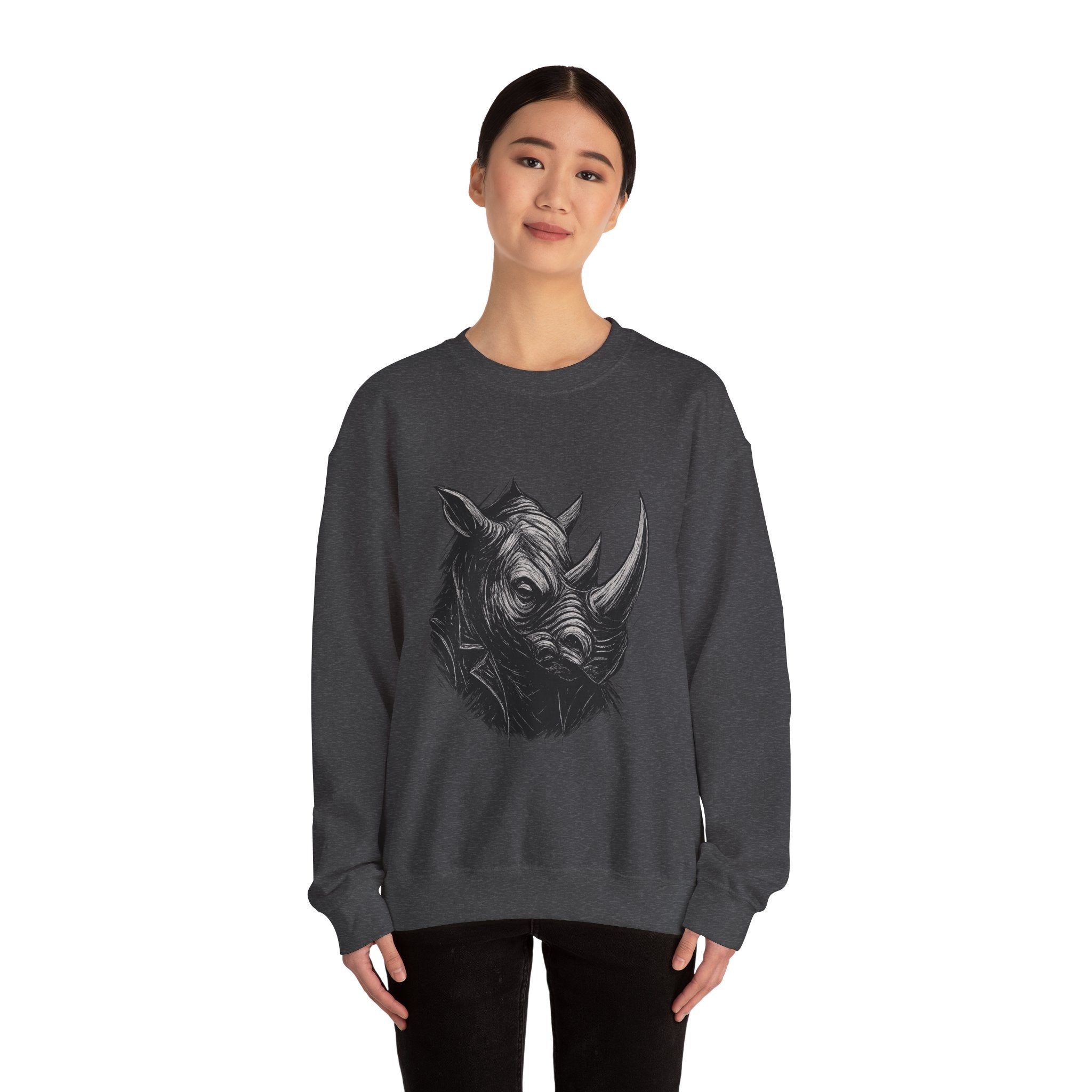Grunge Rhino Crewneck Sweatshirt, Punk Style Black and White Rhino Design, Distressed Illustration, Rebel Animal Graphic Sweatshirt, Linocut