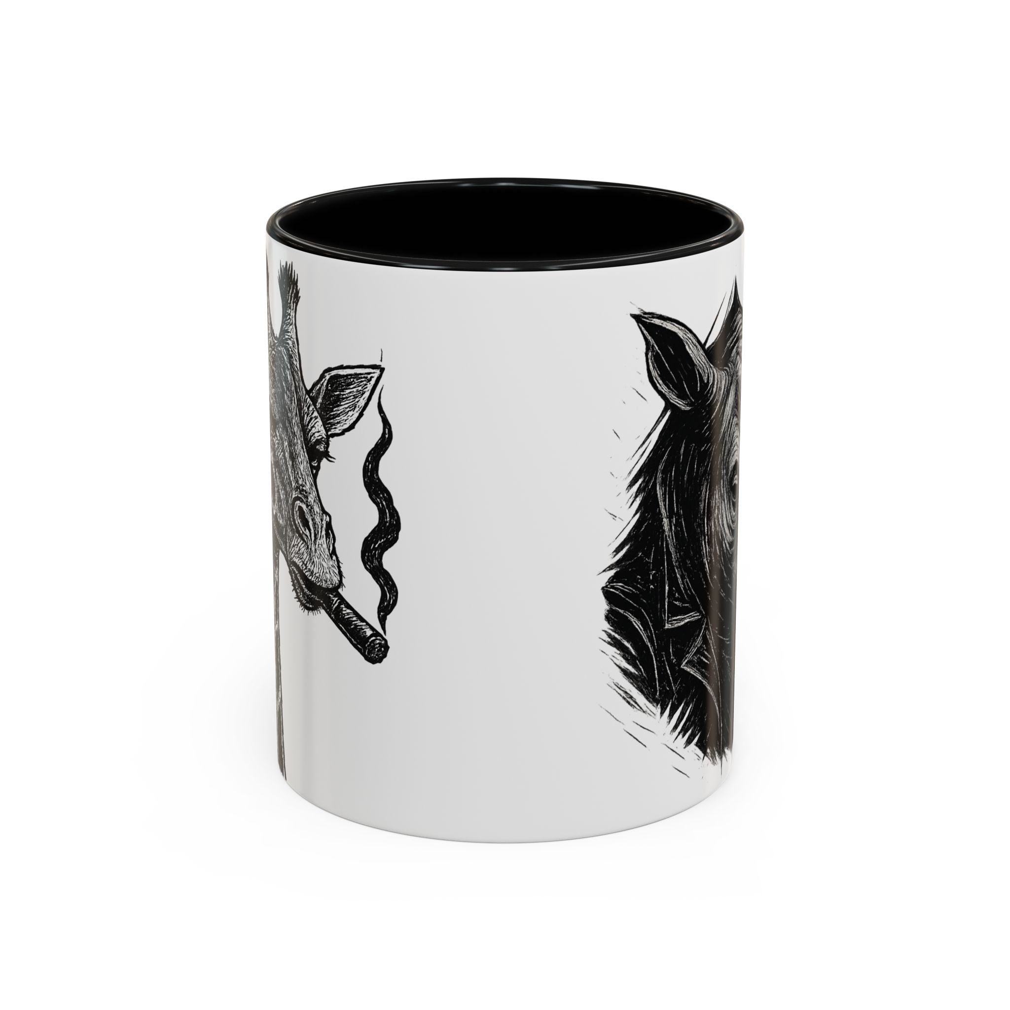 Grunge Punk Animal Mug | Giraffe & Rhino Linocut Art Coffee Cup, Edgy Black and White Illustration Gift
