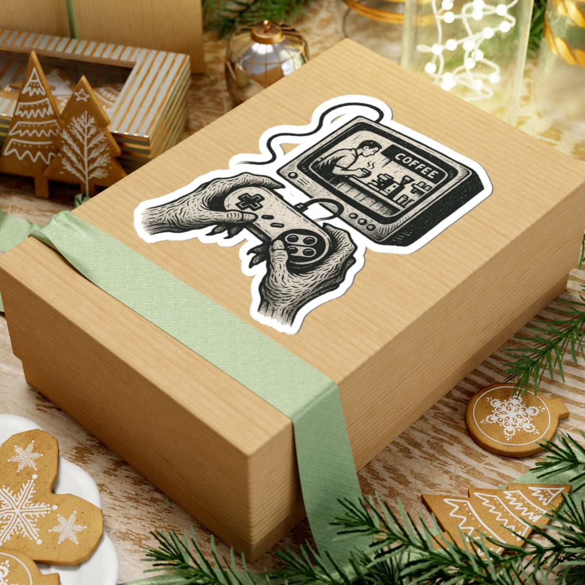 Grunge-Punk Alien Coffee Scene Kiss-Cut Stickers, Retro Gamer Decal, Alternative Art Print Aesthetic, Unique Vinyl Decal, Laptop Sticker