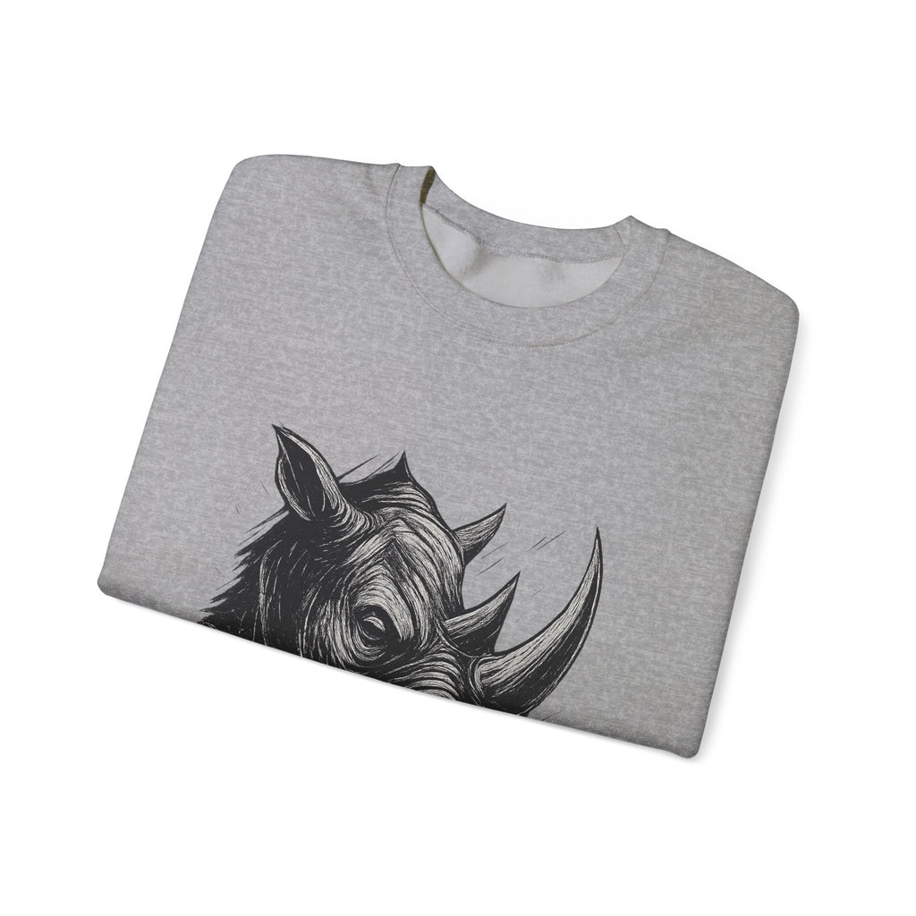 Grunge Rhino Crewneck Sweatshirt, Punk Style Black and White Rhino Design, Distressed Illustration, Rebel Animal Graphic Sweatshirt, Linocut