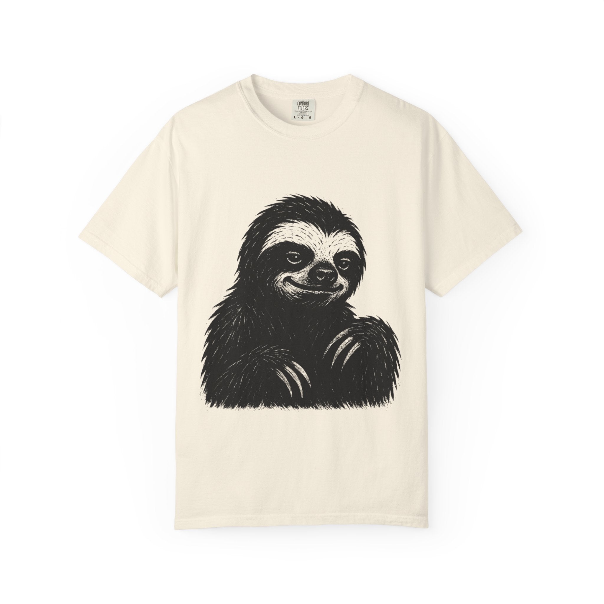 Sloth Linocut T-shirt, Grunge Style Tee, Rebel Sloth Graphic Shirt, Distressed Off-White Top, Bold Black Print, Handmade Illustration,