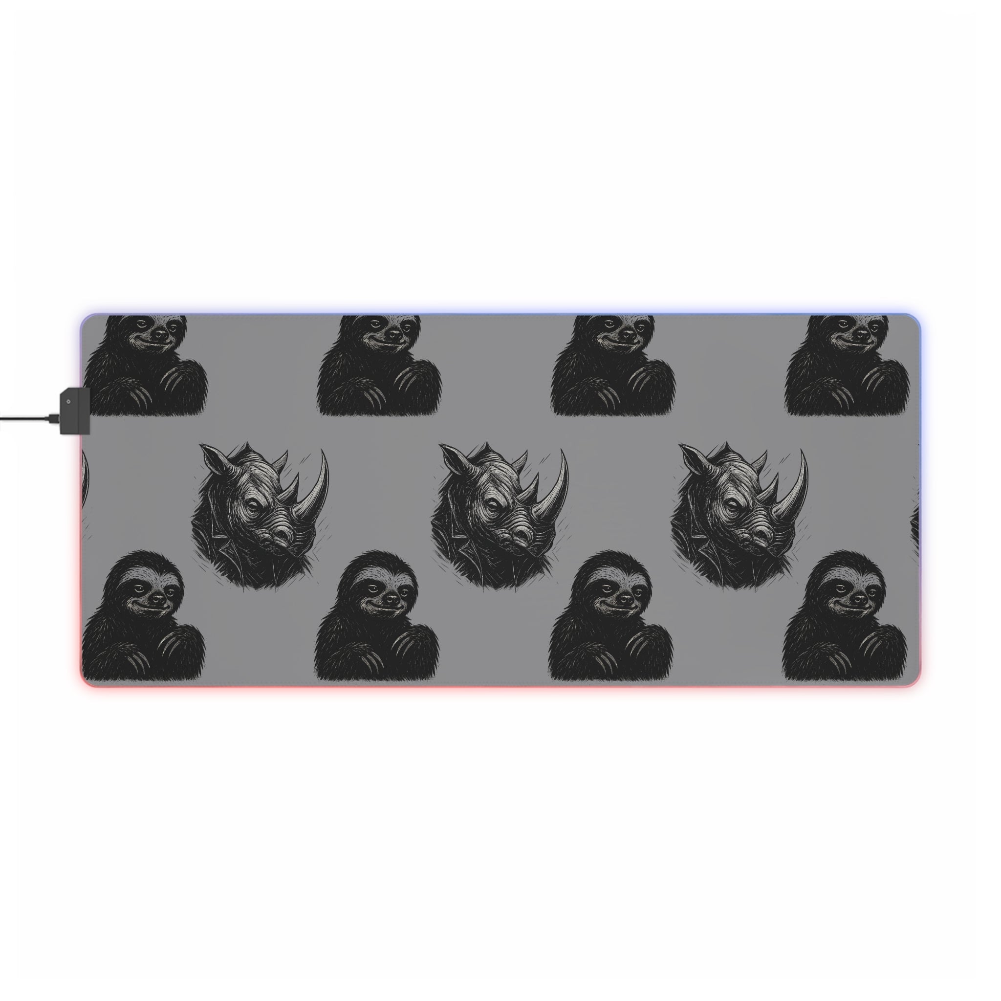 LED Gaming Mouse Pad with Unique Creature Design, Rhino and Sloth Illustrations, Punk Style Desk Mat for Gamers, Birthday Gift, Gaming