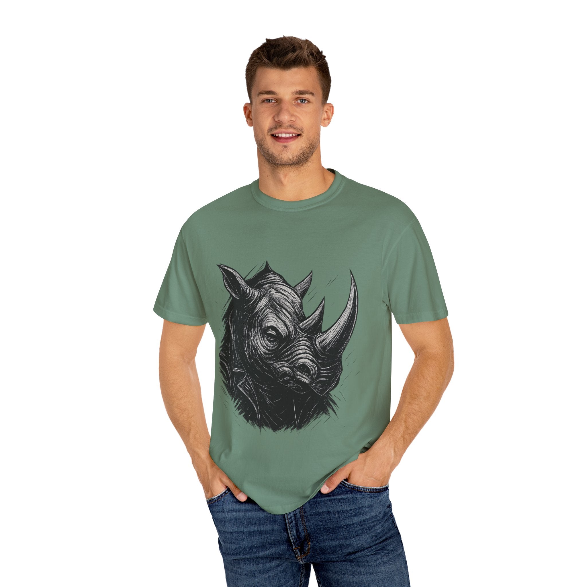 Grunge Rhino T-shirt, Punk Rhino Tee, Rhino Linocut Shirt, Rebel Rhinoceros Top, Edgy Animal Graphic Tee