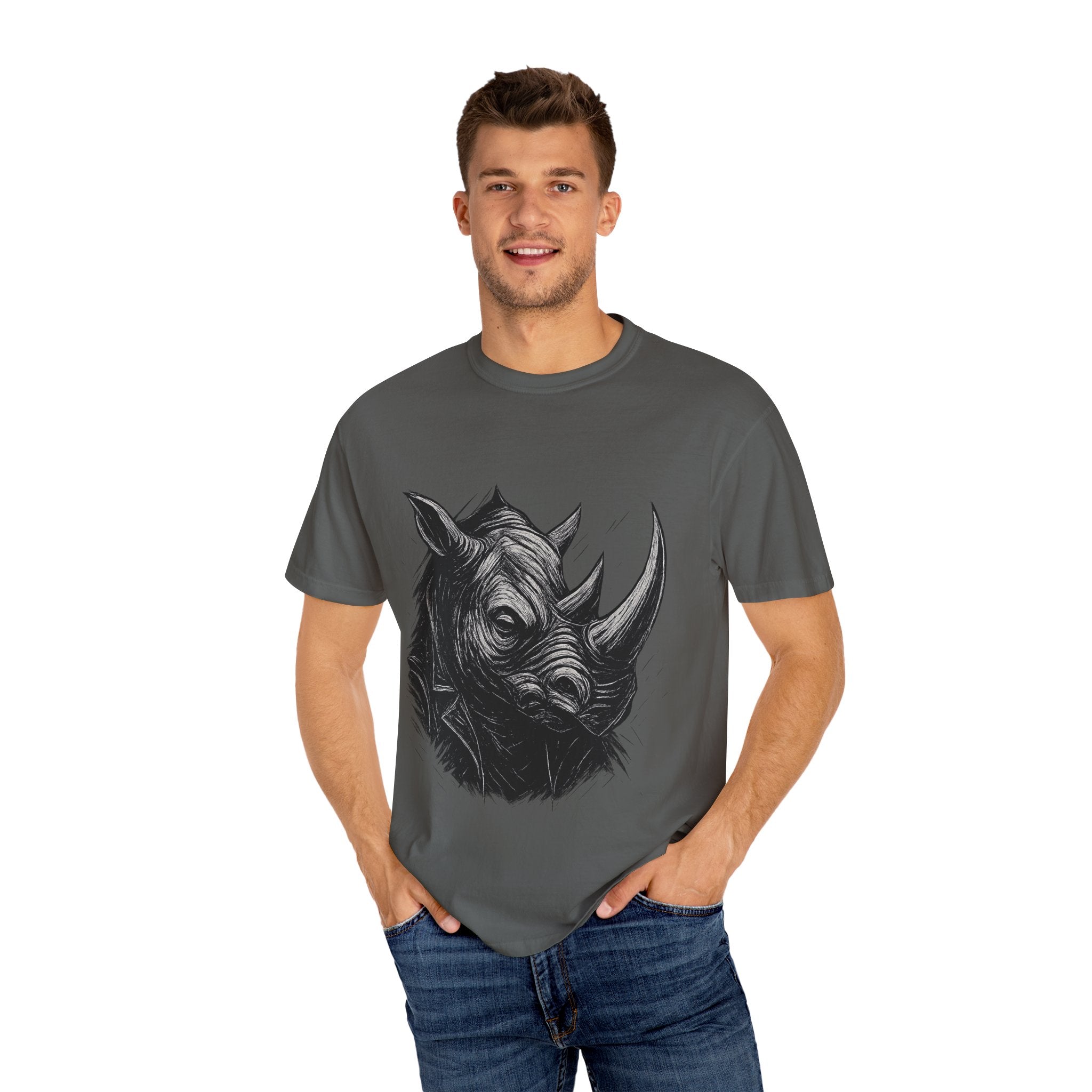 Grunge Rhino T-shirt, Punk Rhino Tee, Rhino Linocut Shirt, Rebel Rhinoceros Top, Edgy Animal Graphic Tee