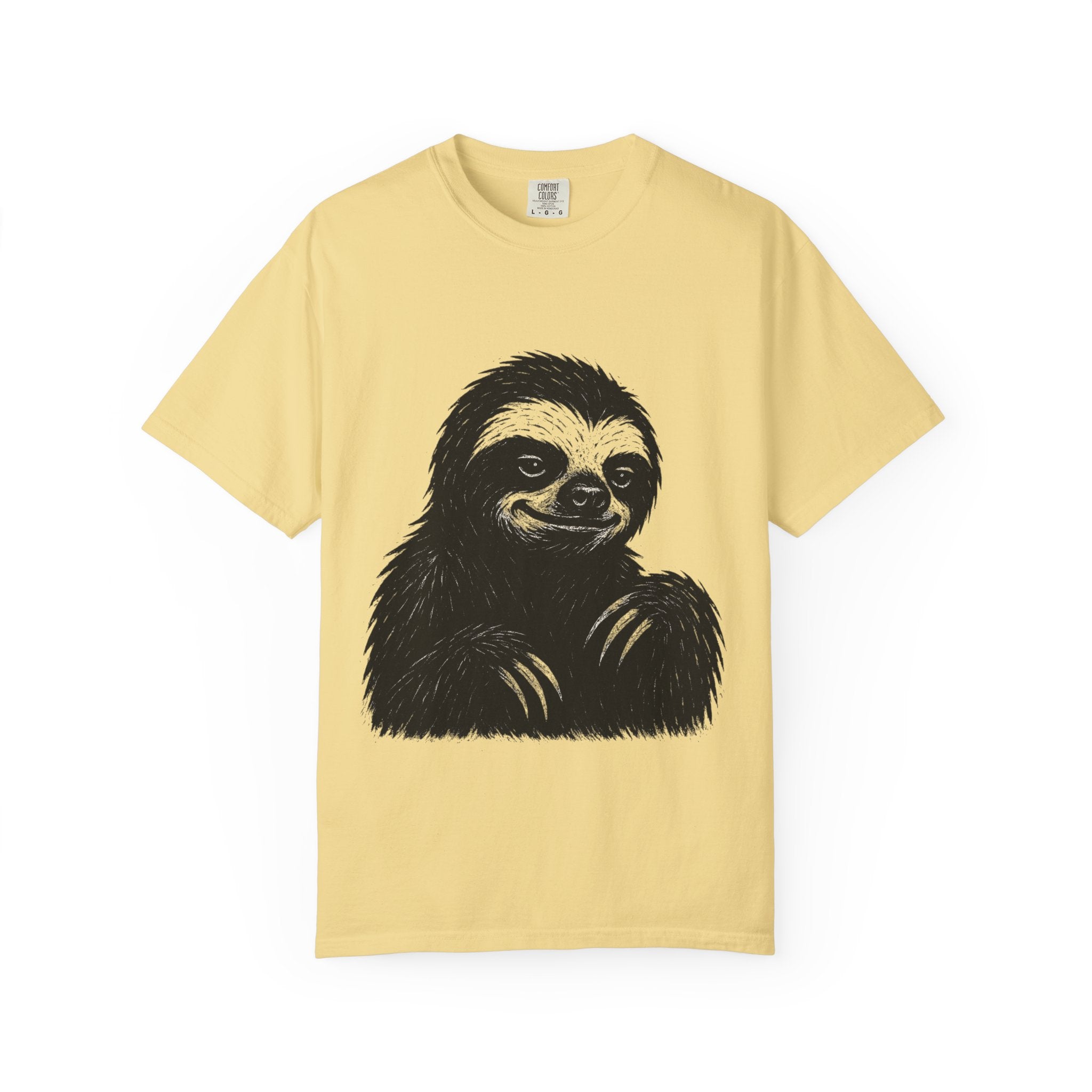 Sloth Linocut T-shirt, Grunge Style Tee, Rebel Sloth Graphic Shirt, Distressed Off-White Top, Bold Black Print, Handmade Illustration,