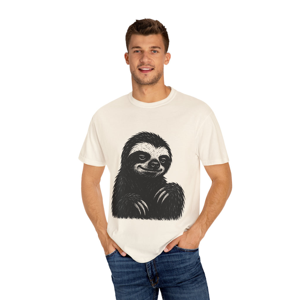 Sloth Linocut T-shirt, Grunge Style Tee, Rebel Sloth Graphic Shirt, Distressed Off-White Top, Bold Black Print, Handmade Illustration,